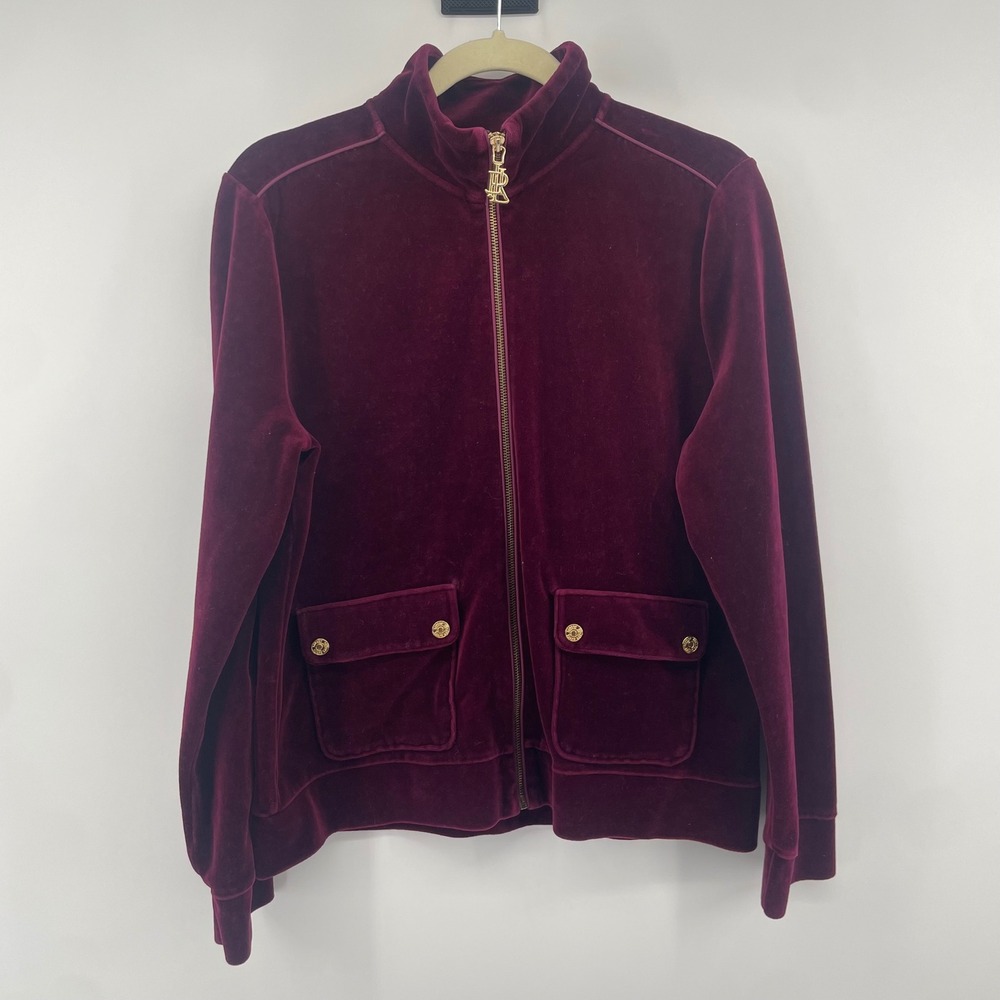 Lauren Ralph Lauren Jacket Women Large Burgundy Velour Full Zip Mock Neck LRL